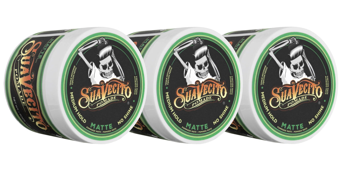 Suavecito Matte Pomade bottle with no-shine finish for versatile daily styles.