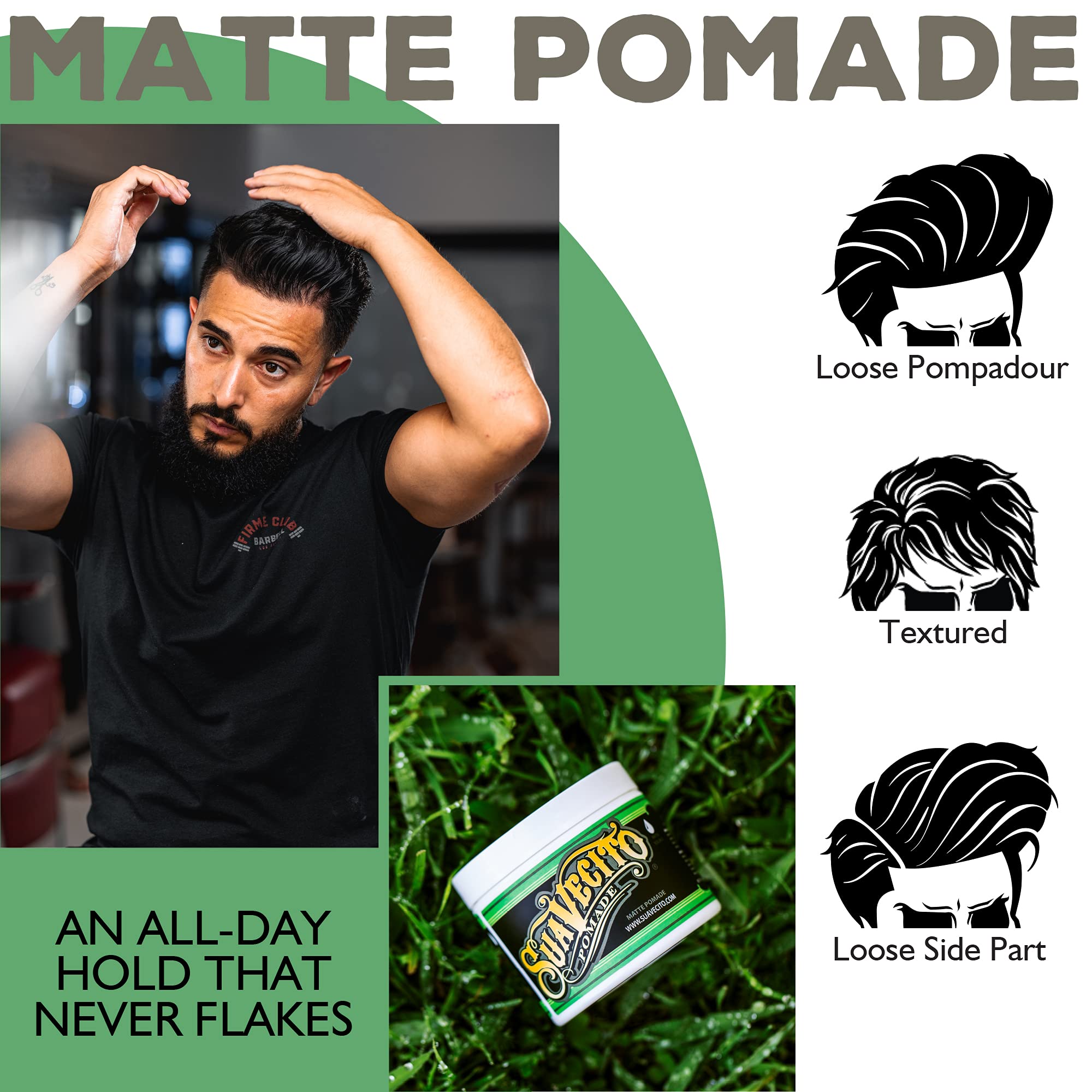 Suavecito Matte Pomade matte finish provides natural texture for classic and modern looks.