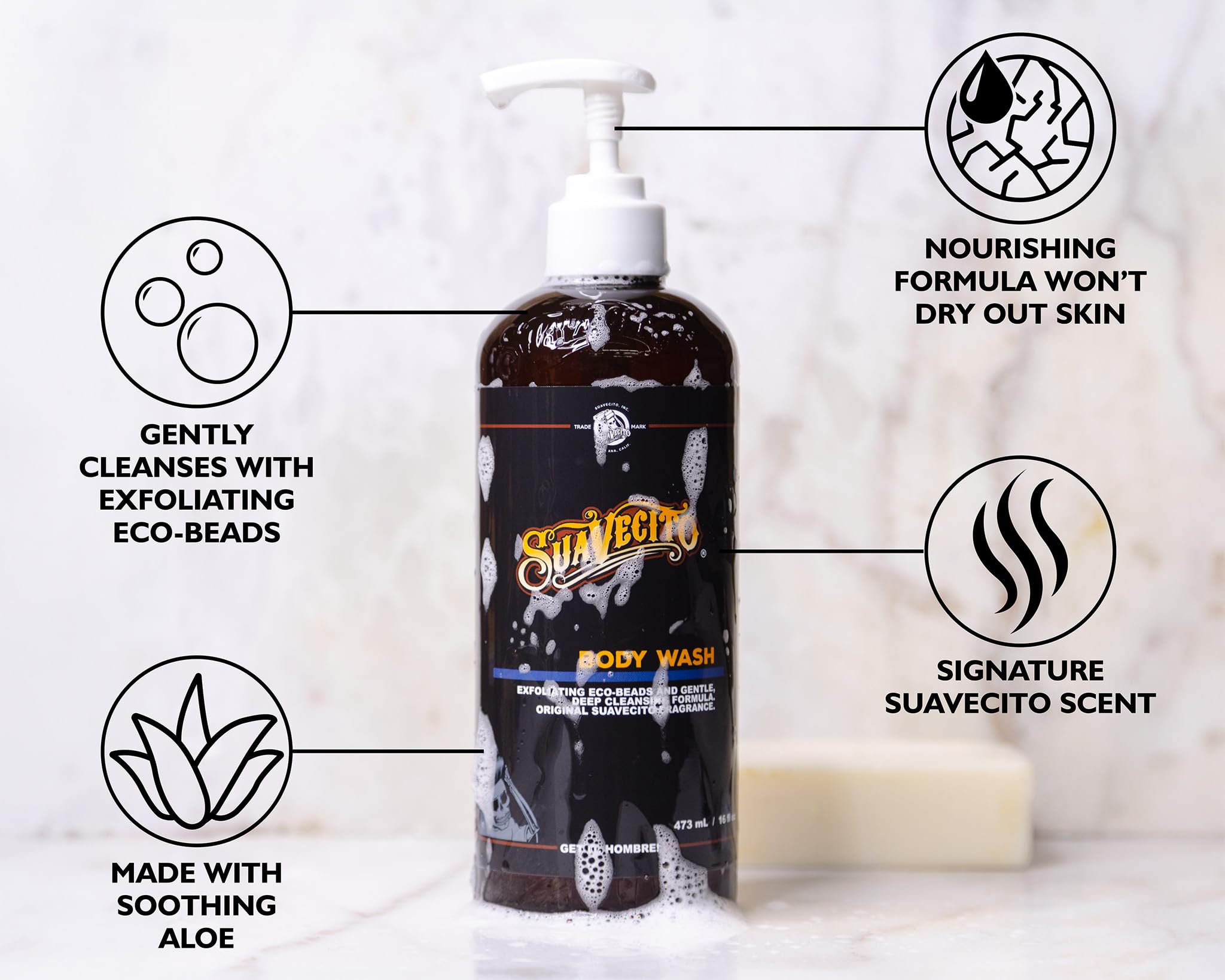 Rinsing water washes away suds after using Suavecito body wash