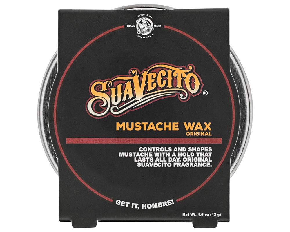 Suavecito Original Scent Mustache Wax tin open showing all-day hold