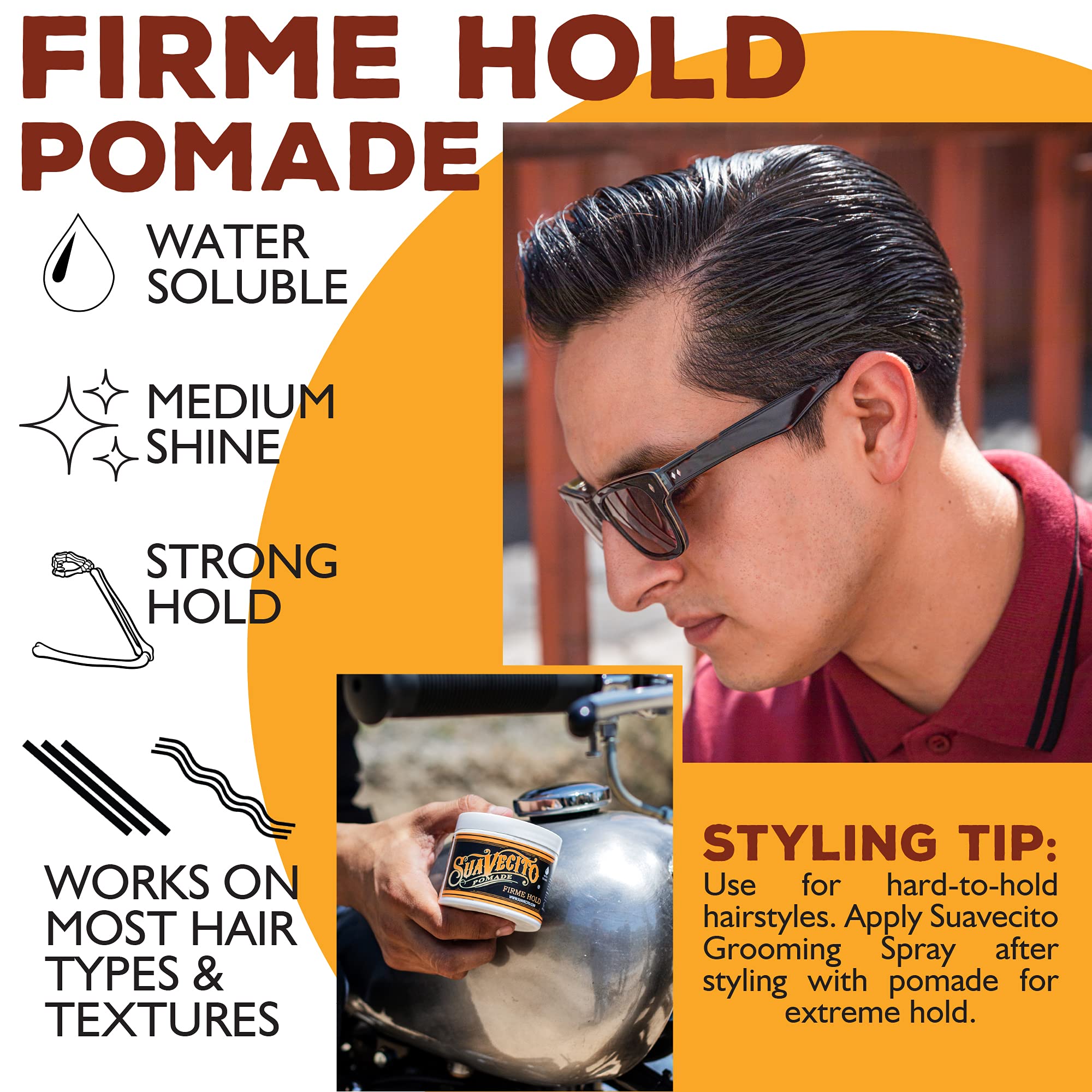 Non-greasy finish shot of Suavecito Pomade Firme in use.