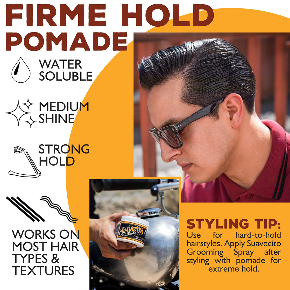 Non-greasy finish shot of Suavecito Pomade Firme in use.