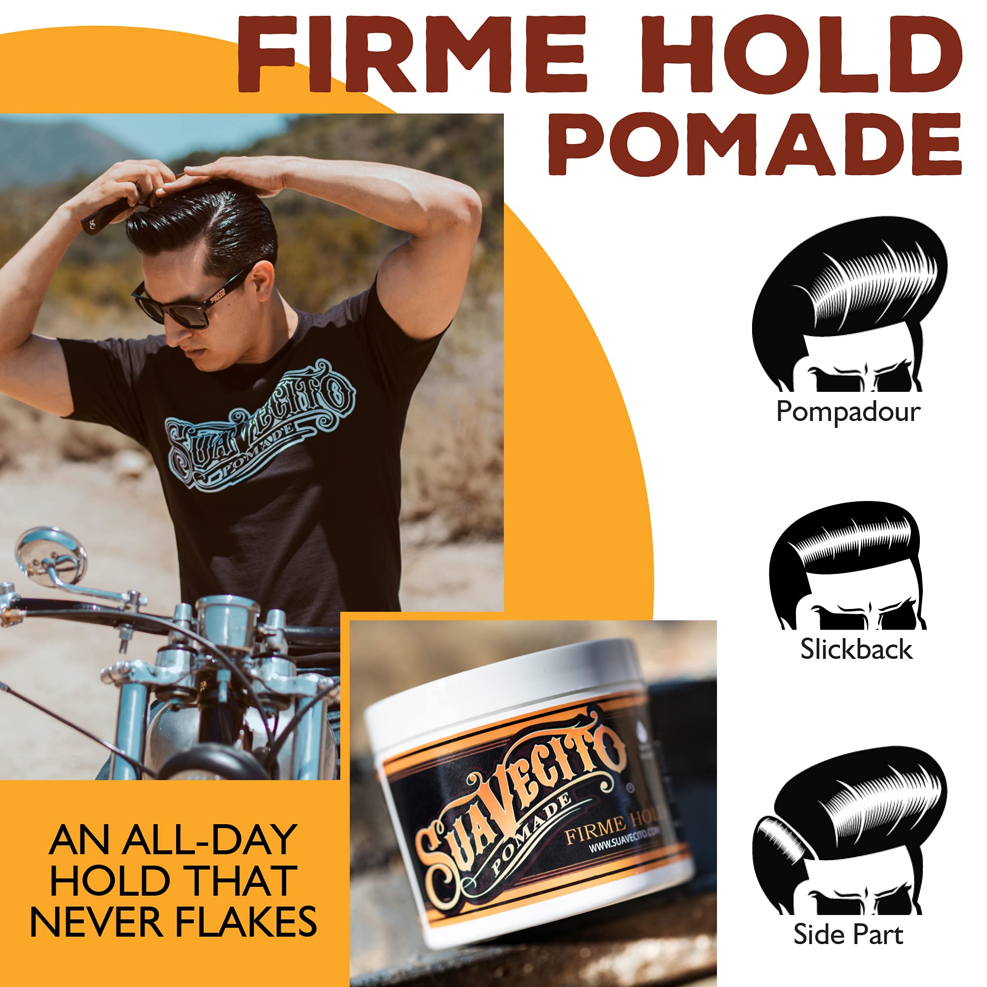 Packaging shot of the 5 oz tin for Suavecito Pomade Firme.