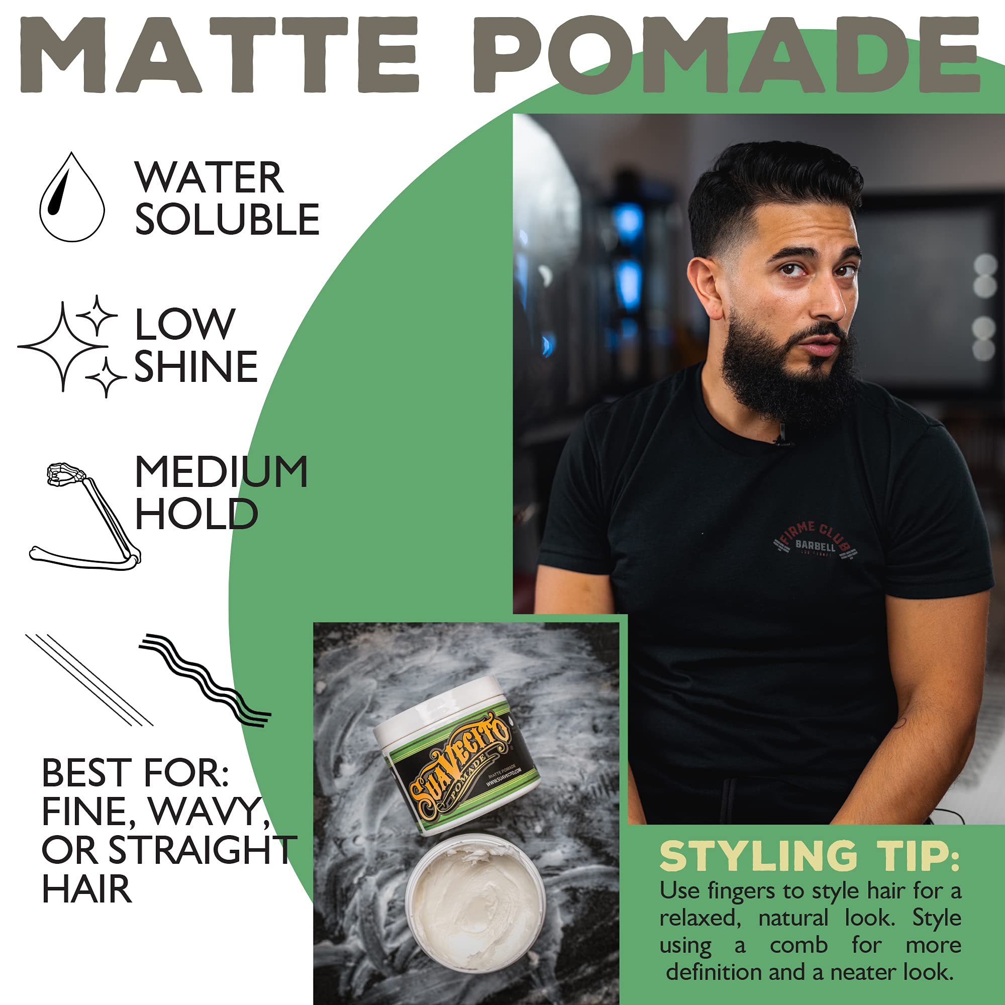 Suavecito Matte Pomade delivers all-day hold for versatile matte styles.