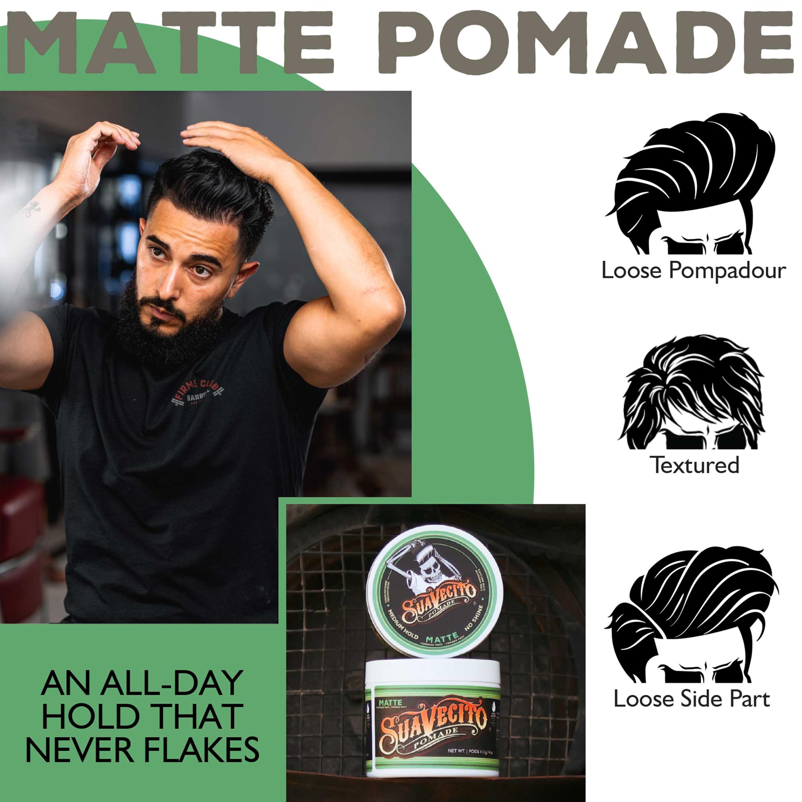Suavecito Pomade Matte textured hair style demonstrates natural texture without shine.
