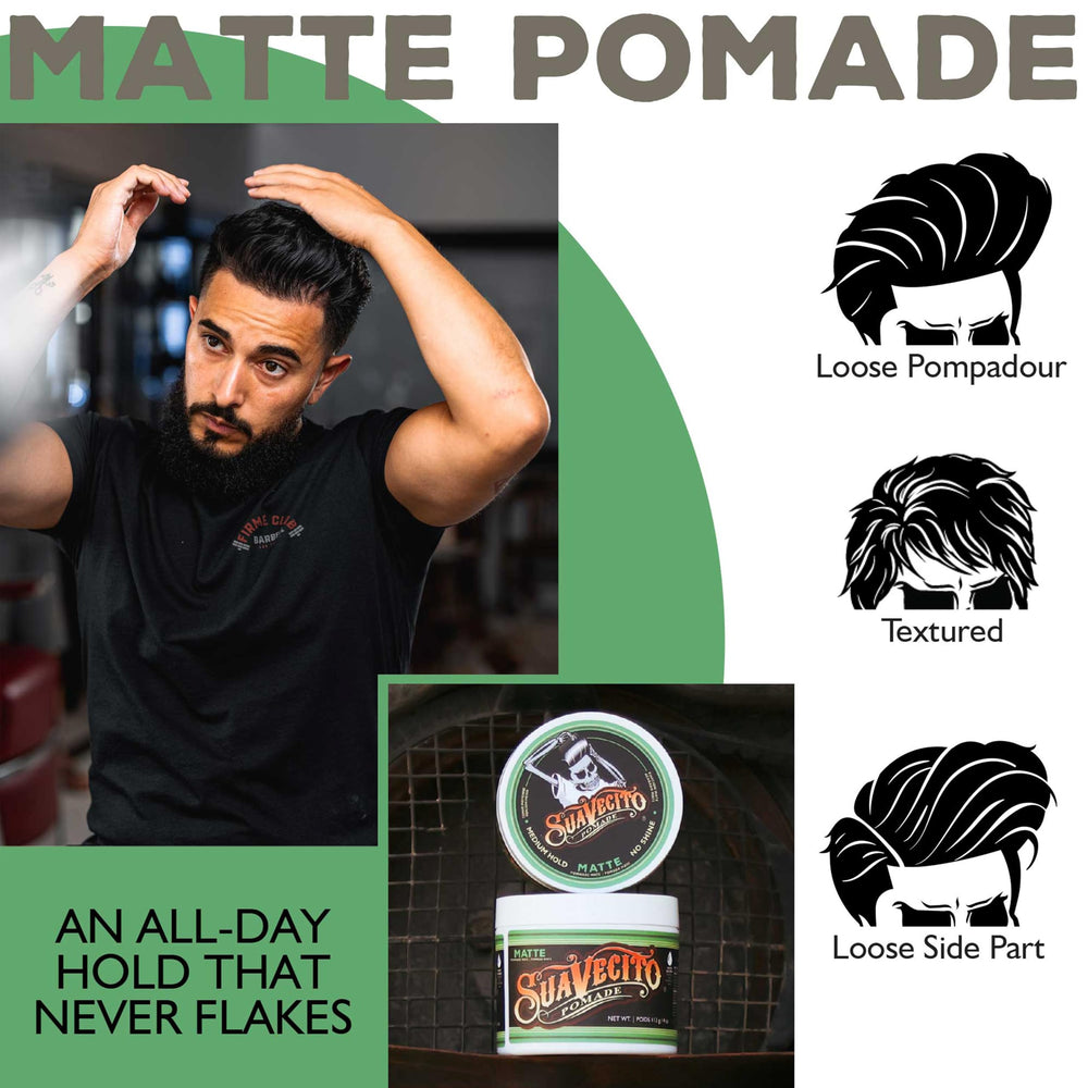 Suavecito Pomade Matte textured hair style demonstrates natural texture without shine.