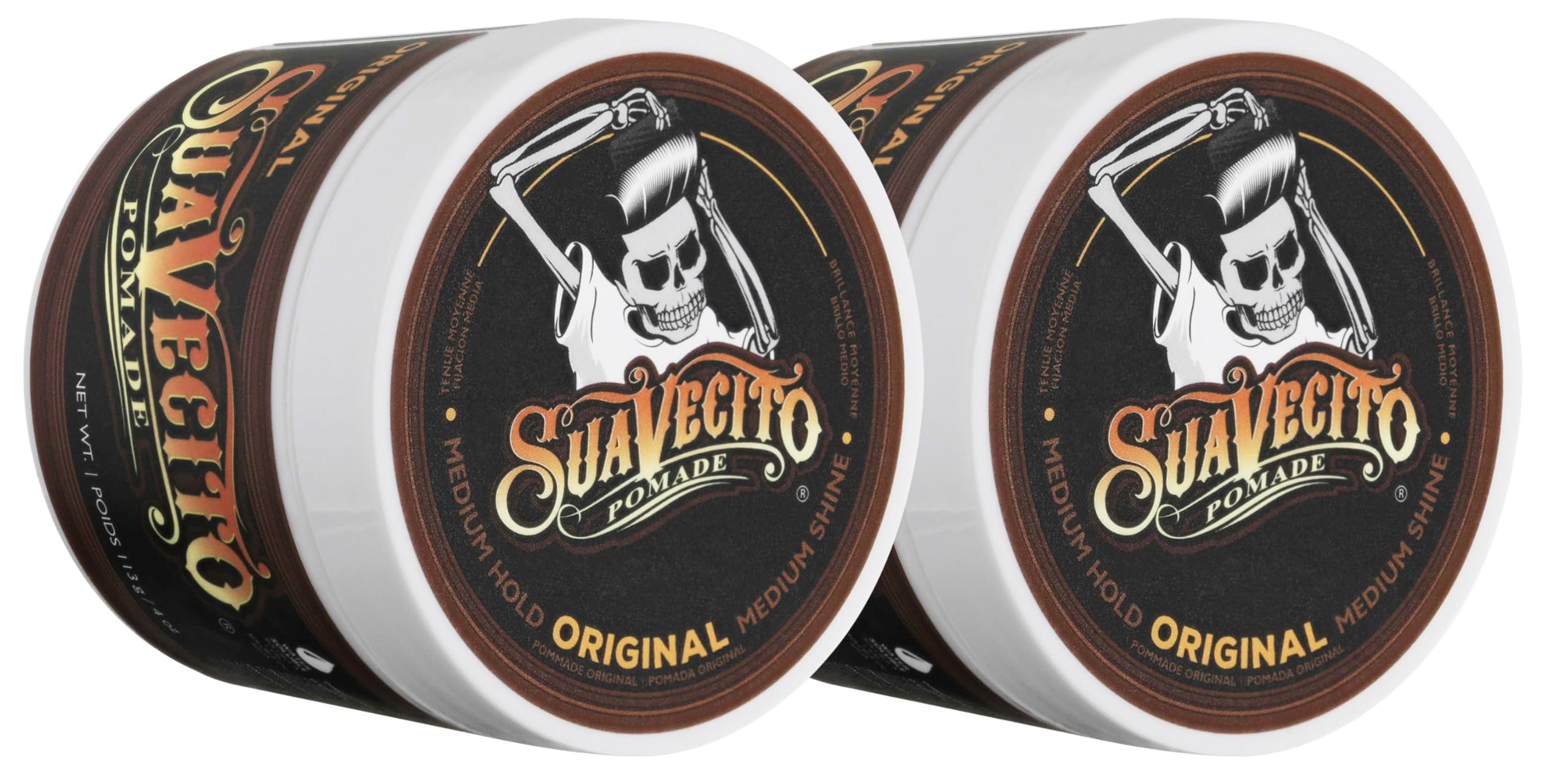 Suavecito Pomade Original 8 oz tub close-up showing medium hold for slick backs.