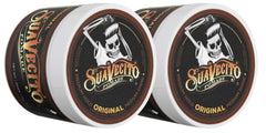 Suavecito Pomade Original 8 oz tub close-up showing medium hold for slick backs.
