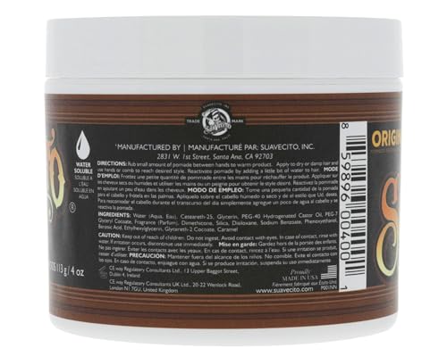 Suavecito Pomade Original packaging scene emphasizing water-based washout and lasting control.