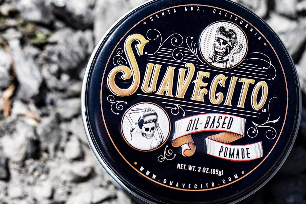 Slick-back styling with Suavecito pomade for controlled shine.