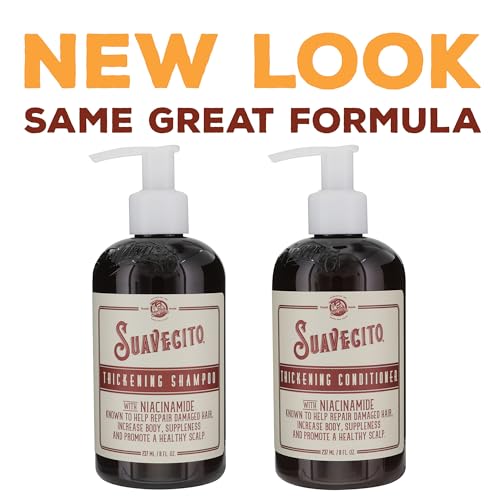 Suavecito Thickening Conditioner bottle supports easier detangling and manageability.