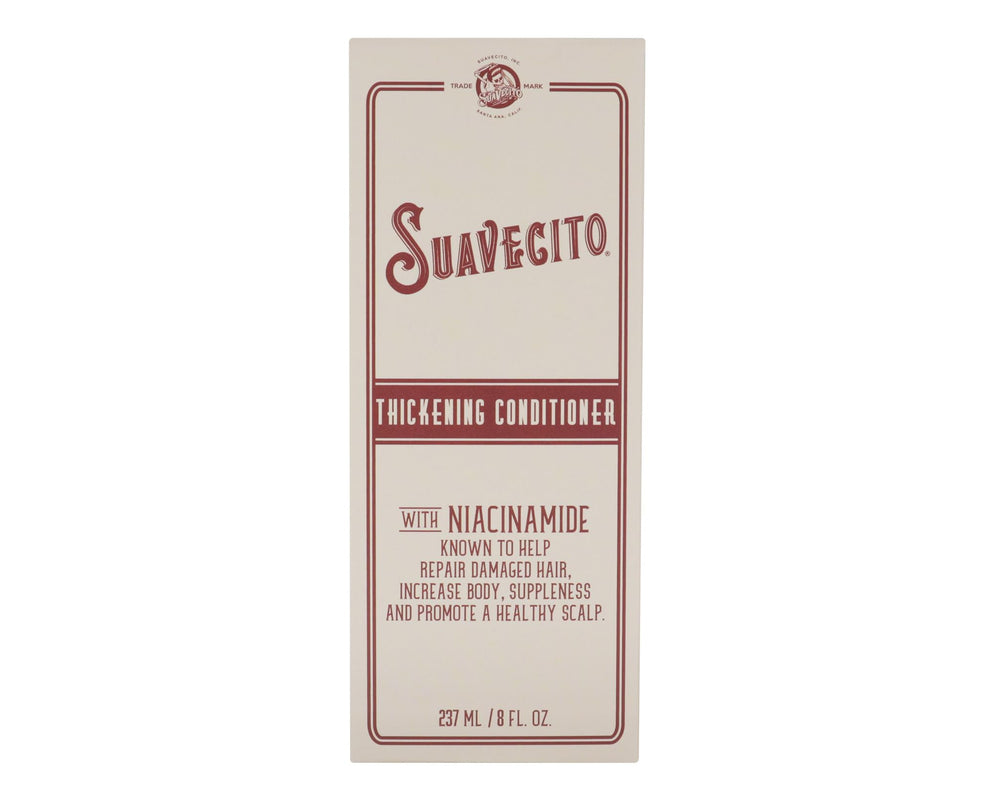 Suavecito Thickening Conditioner smooth-hair application highlights detangling benefits.