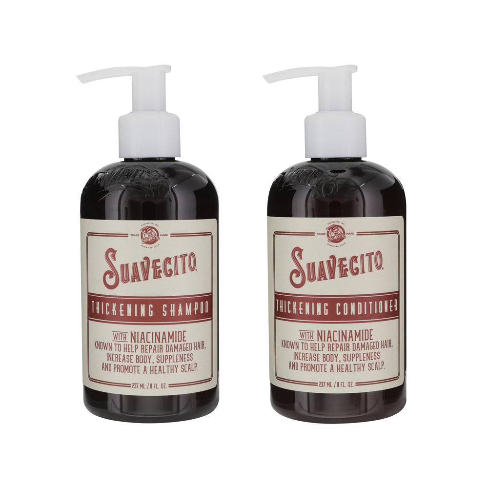 Suavecito Thickening Shampoo bottle shows a premium design for fuller-looking hair.