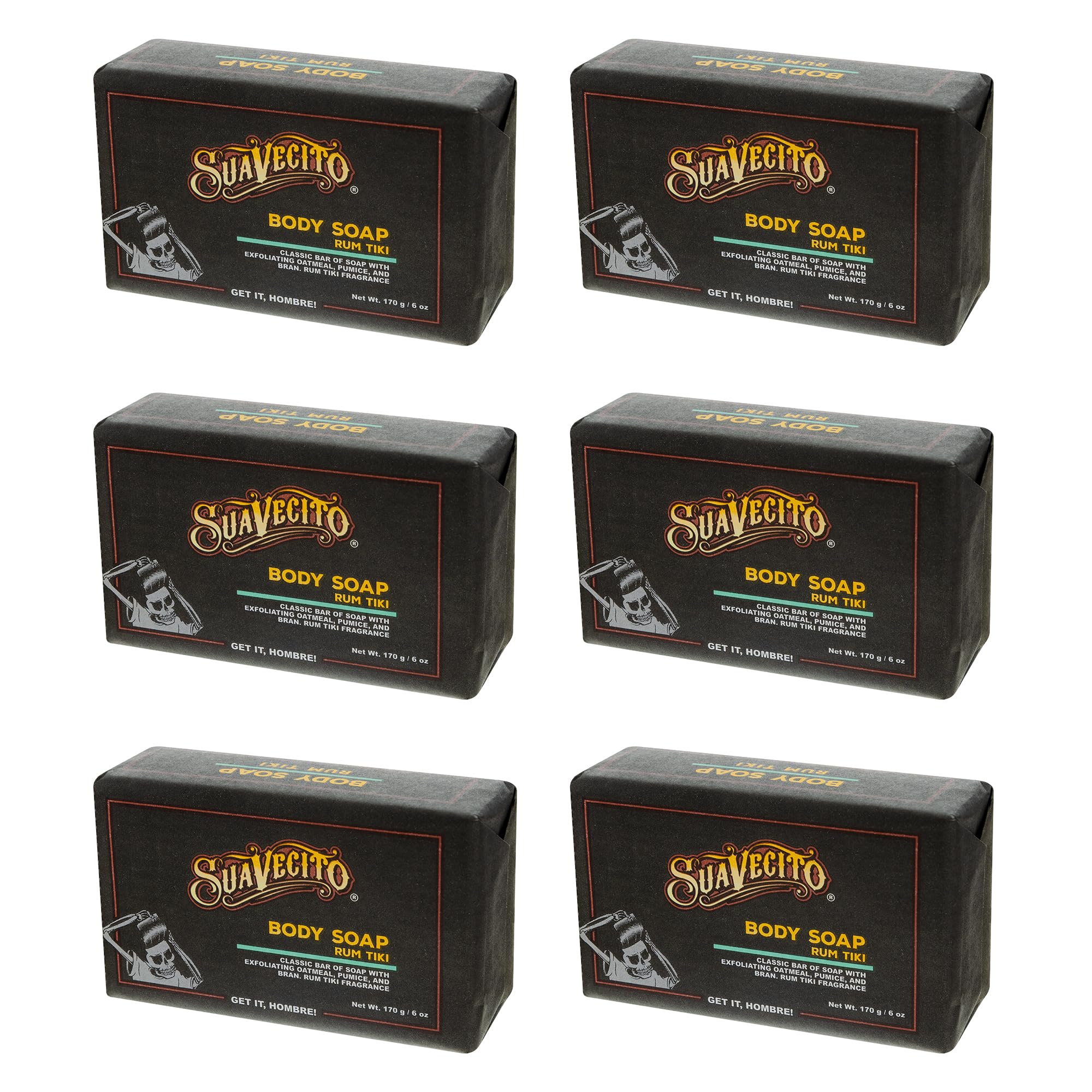 Suavecito Tiki Rum soap bar pack shot with six moisturizing bars.