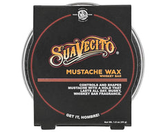 Suavecito whiskey bar mustache wax tin closeup highlights portable travel size.
