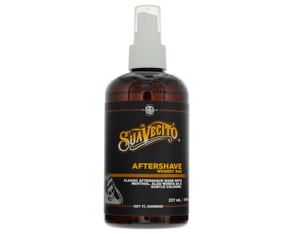 Suavecito Whiskey Bar Scent Aftershave bottle showcases a refreshing, non-greasy post-shave ritual.