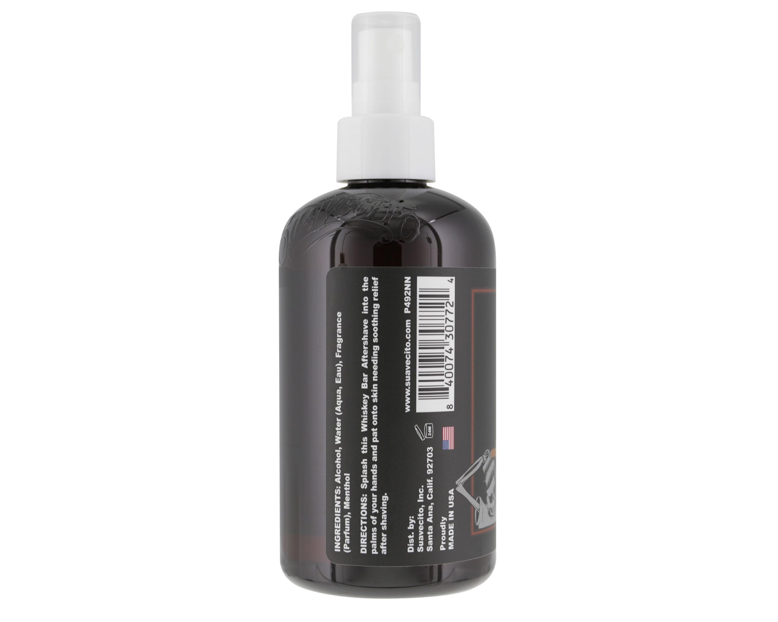 Suavecito Whiskey Bar Scent Aftershave pump spray highlights soothing hydration after shaving.