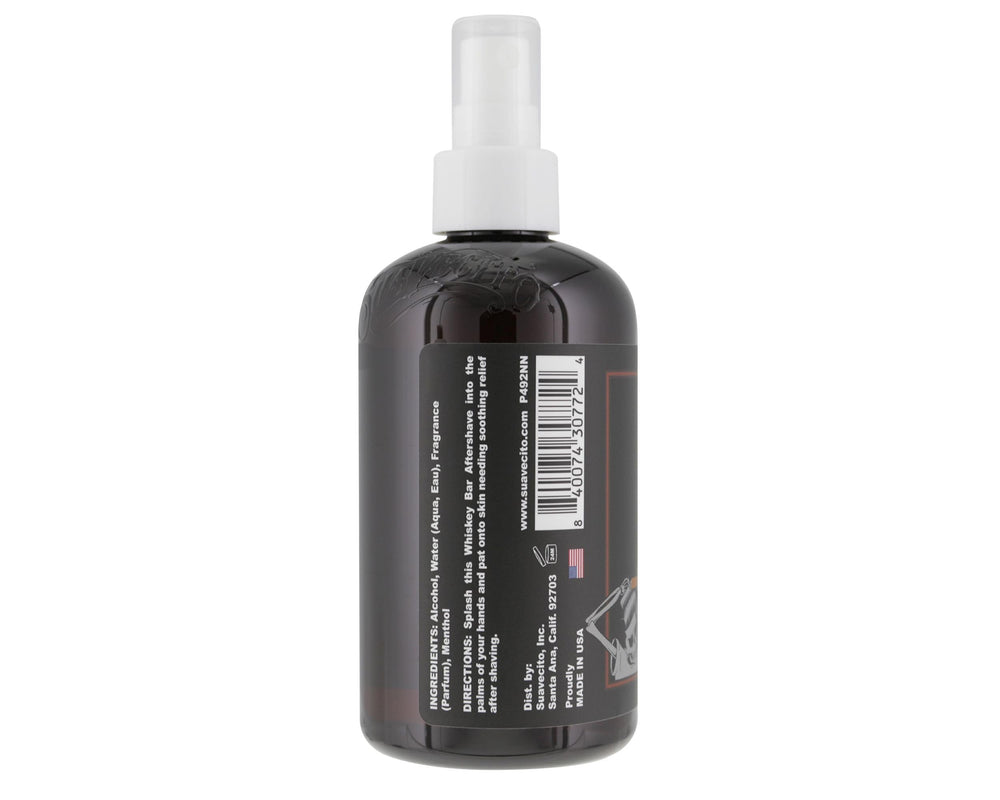 Suavecito Whiskey Bar Scent Aftershave pump spray highlights soothing hydration after shaving.