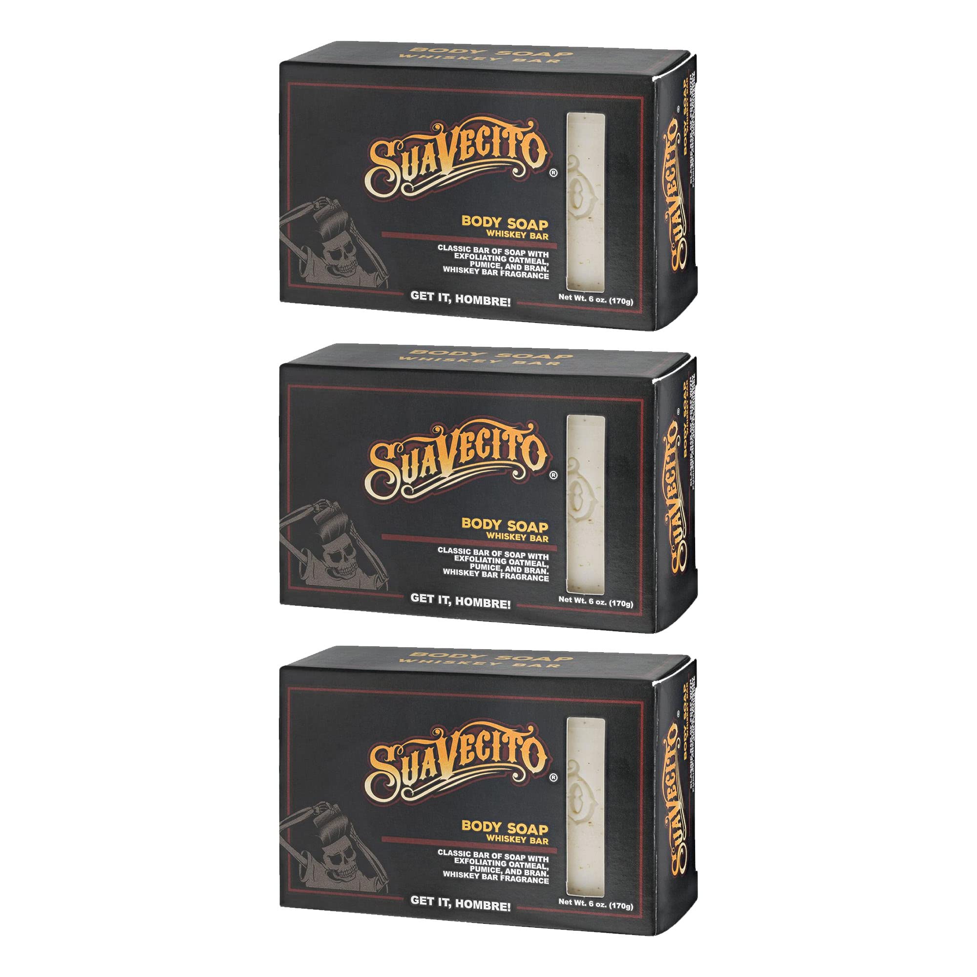 Suavecito Whiskey Bar soap forms rich lather for daily cleansing.