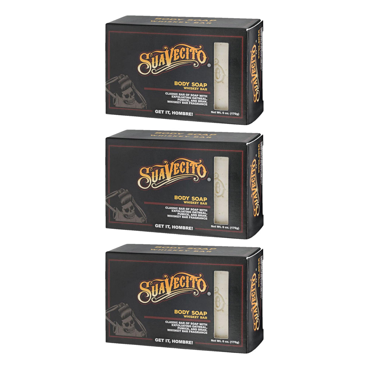 Suavecito Whiskey Bar soap forms rich lather for daily cleansing.