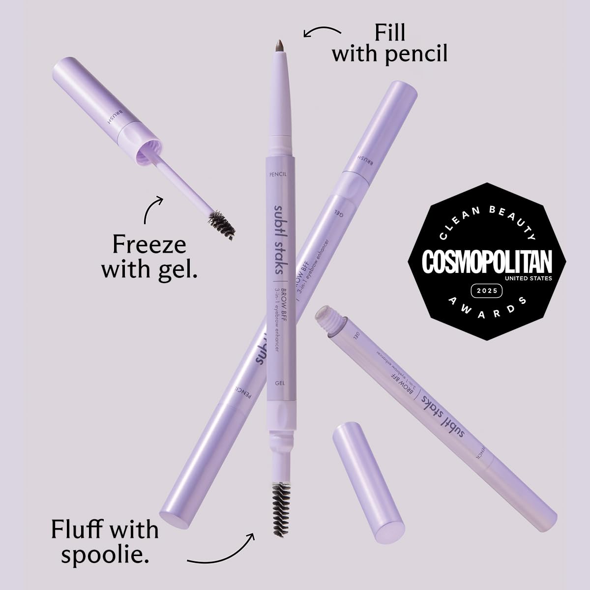Subtl Beauty Brow Staks clear gel locks brows in place.
