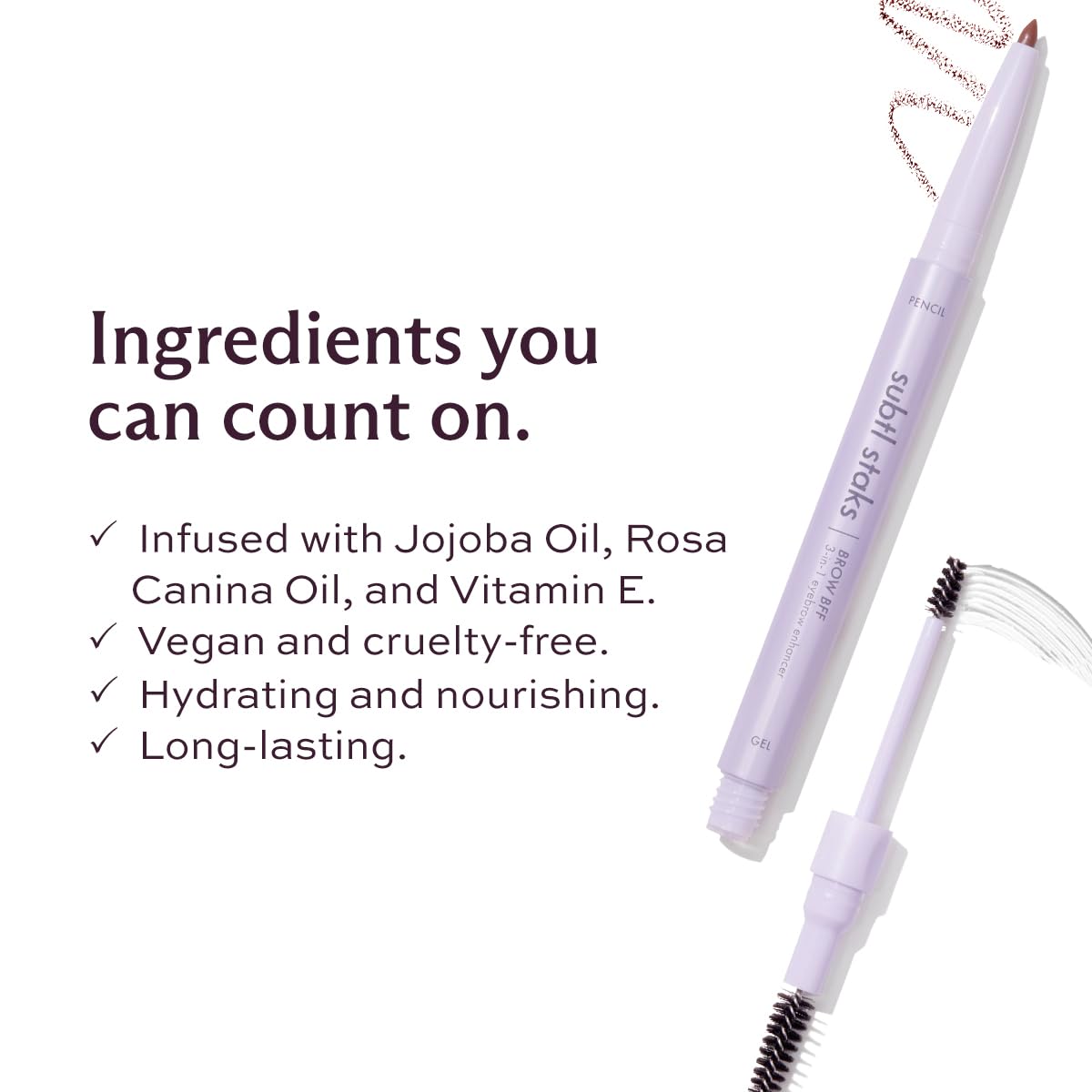 Subtl Beauty Brow Staks on-face application shows defined brows.