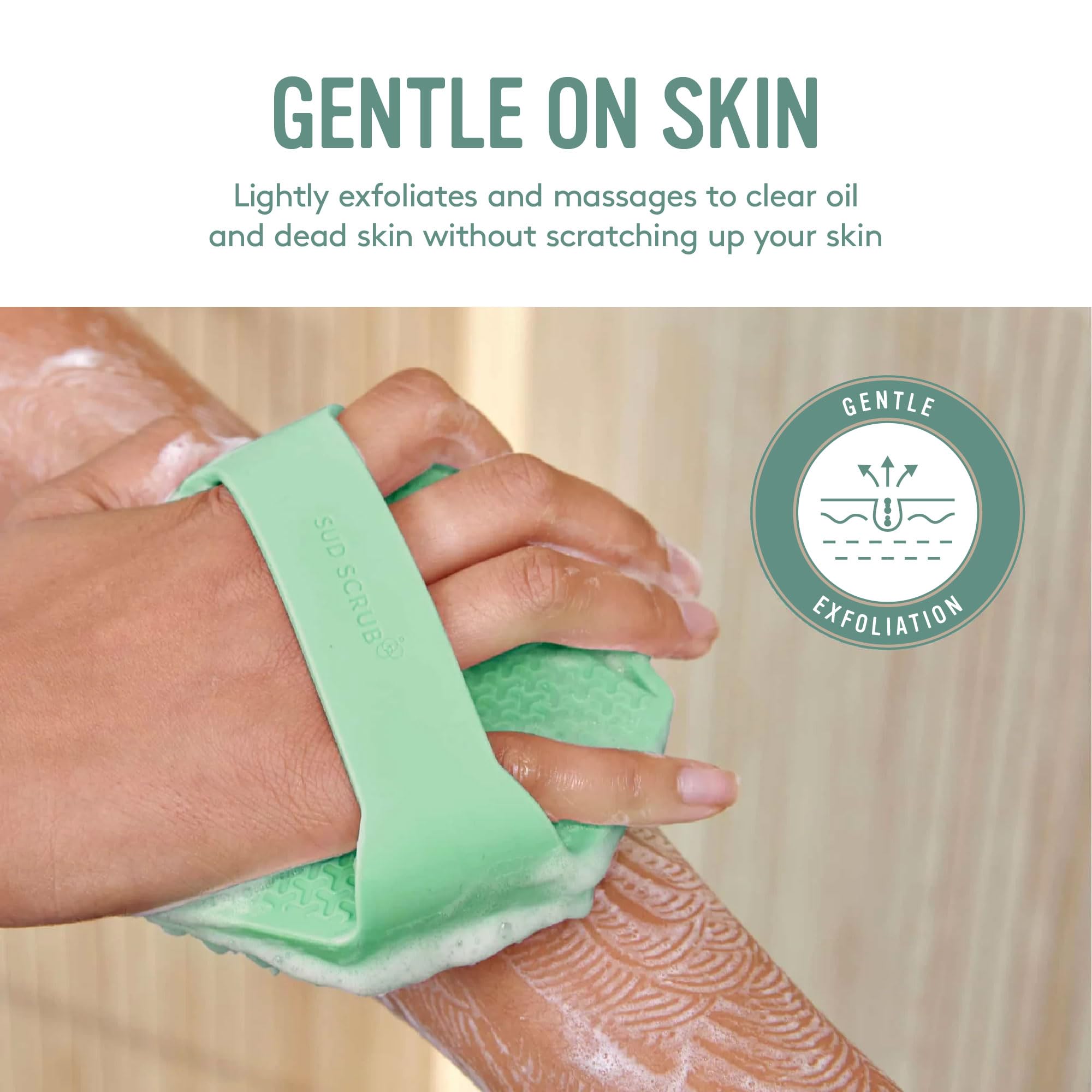 Sud Scrub mint in shower scene showcases gentle exfoliation
