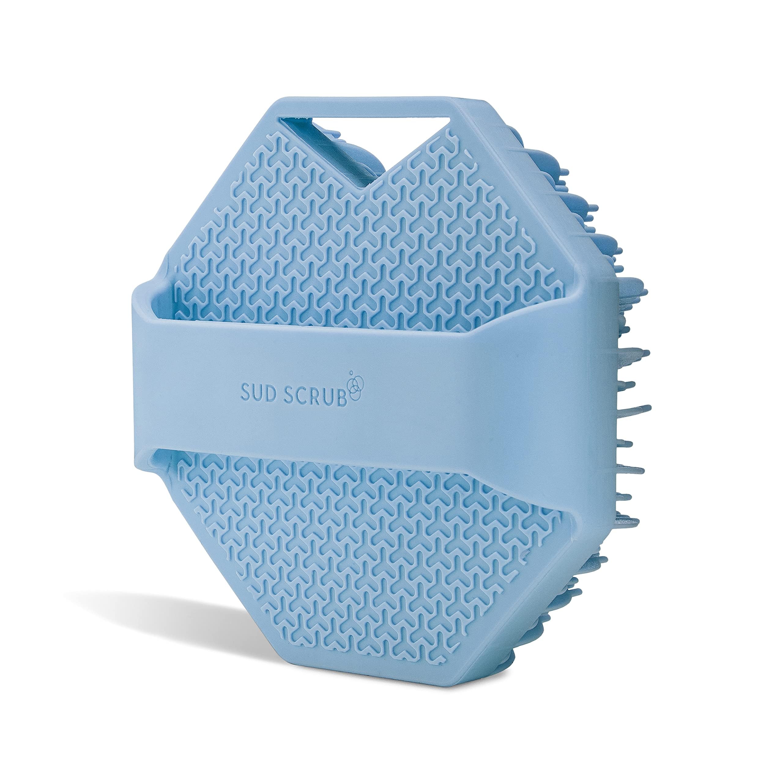 Sud Scrub blue silicone body brush offers comfortable cleansing routine.