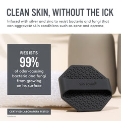 Sud Scrub ergonomic finger-strap ensures secure grip during cleansing.