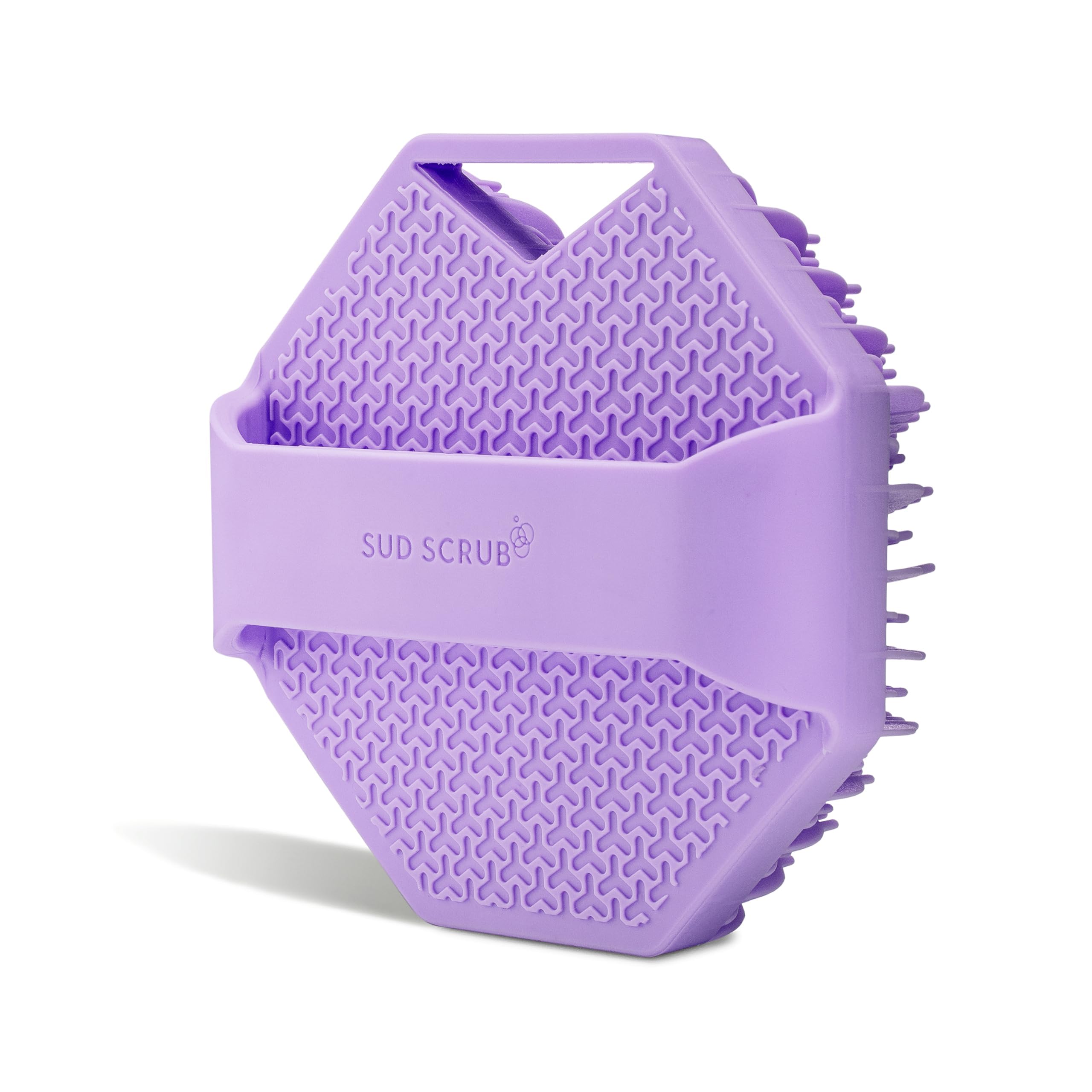 Sud Scrub purple shower scrubber in use for gentle cleaning