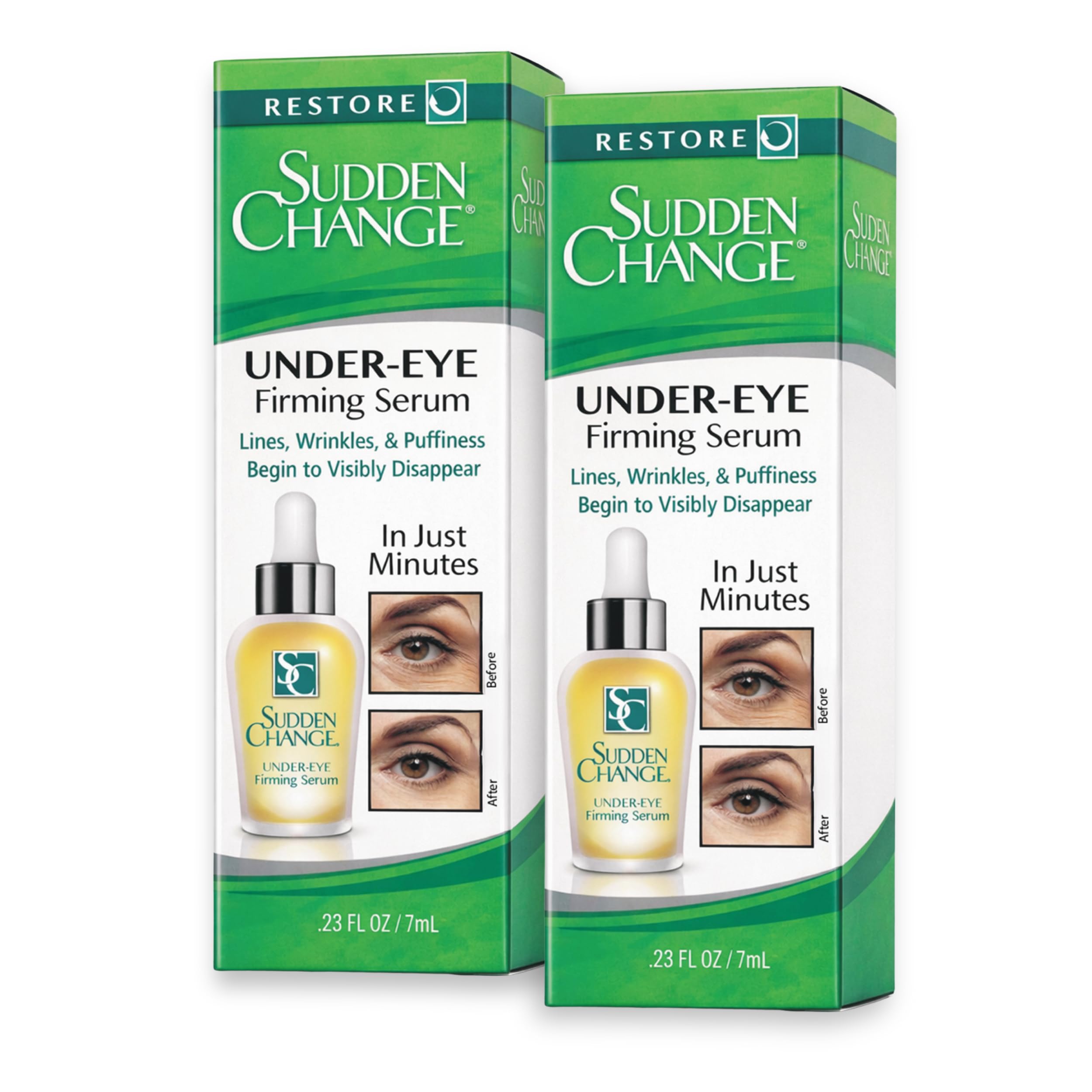 Sudden Change instant under-eye serum bottle with fast-acting tightening effect.