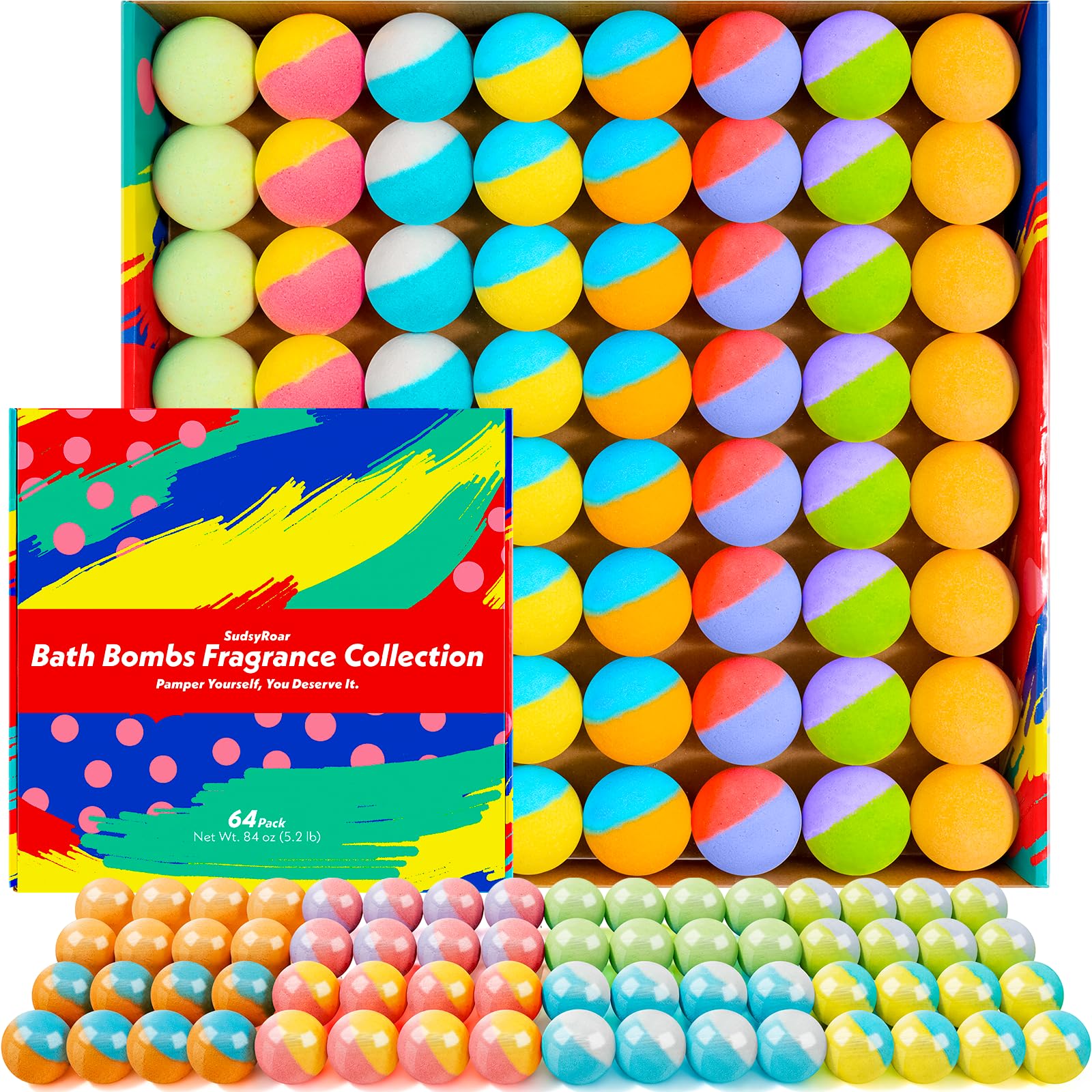 SudsyRoar 64-pack bath bombs variety pack for family spa moments.