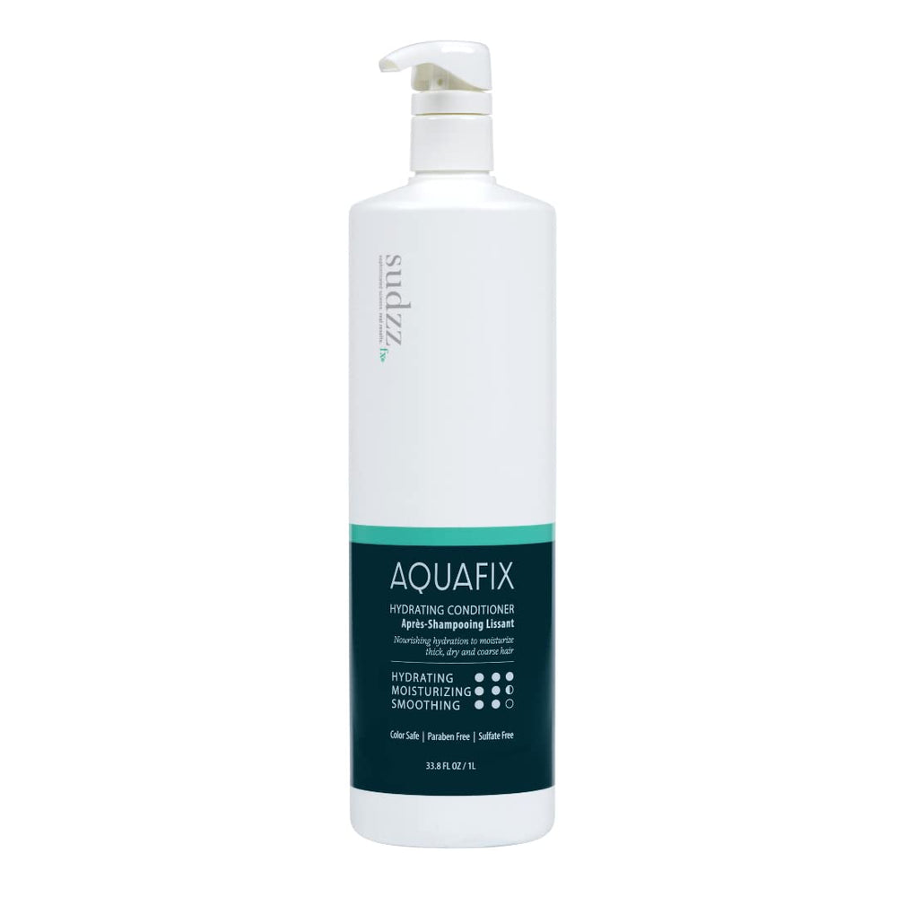 SUDZZFX AquaFix Hydrating Conditioner bottle pour demonstrates portable hydration for dry hair.