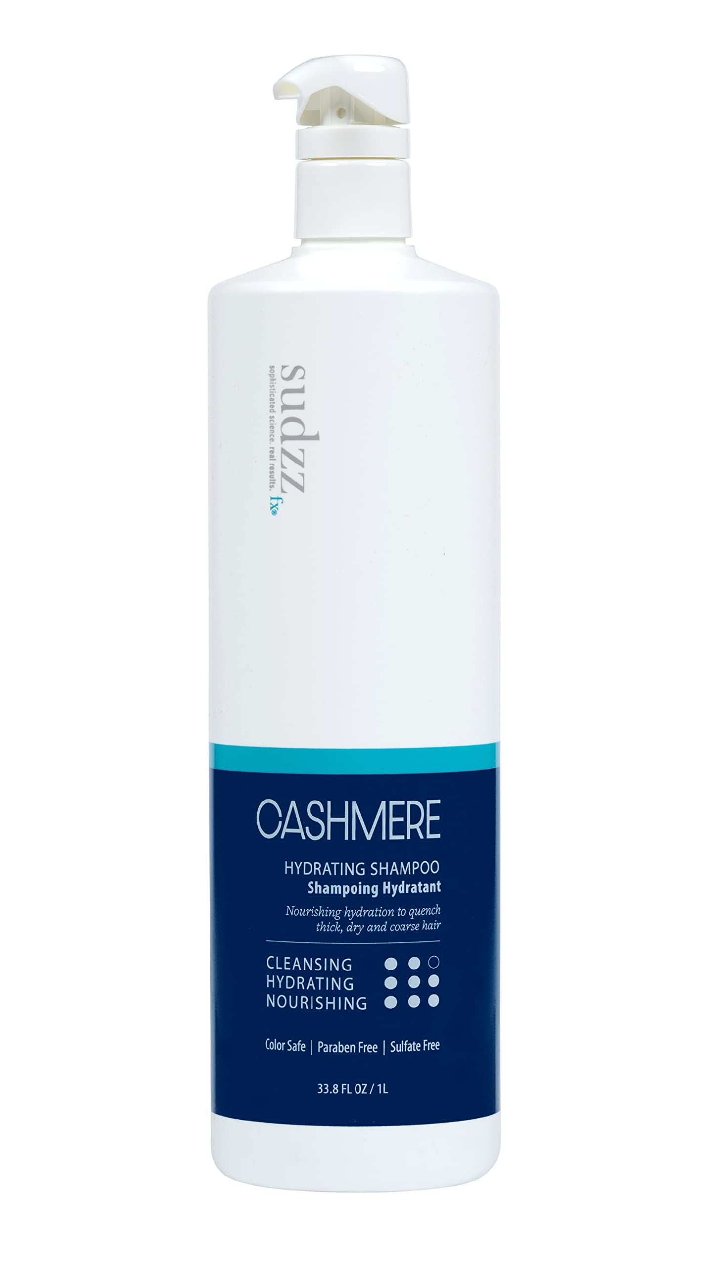 SUDZZFX Cashmere Hydrating Shampoo bottle showing color-safe, deeply moisturizing care.
