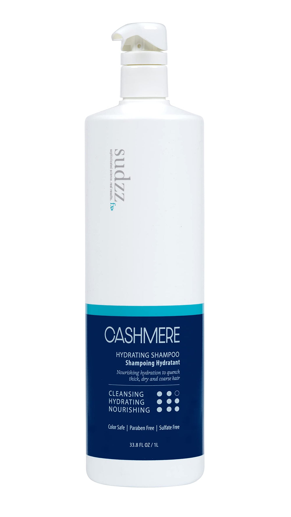 SUDZZFX Cashmere Hydrating Shampoo bottle showing color-safe, deeply moisturizing care.