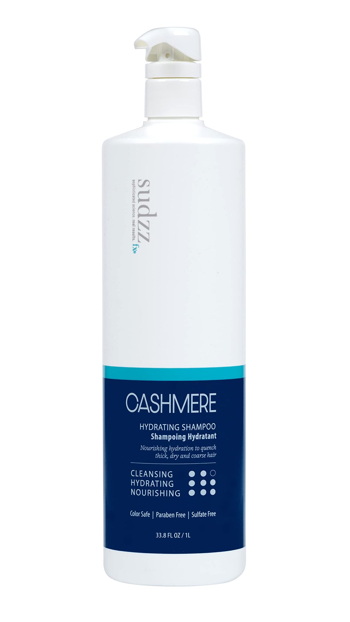 SUDZZFX Cashmere Hydrating Shampoo bottle showing color-safe, deeply moisturizing care.