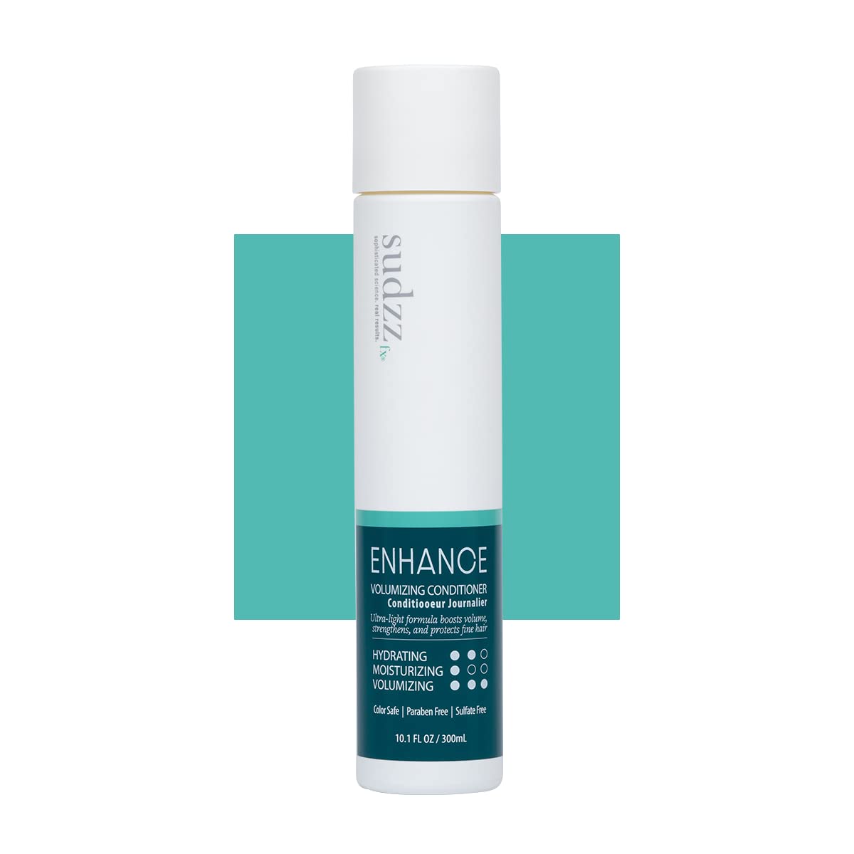 SUDZZFX Enhance Daily bottle close-up highlighting detangling benefits