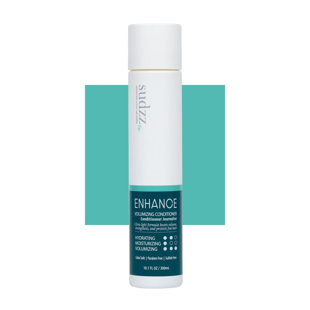 SUDZZFX Enhance Daily bottle close-up highlighting detangling benefits