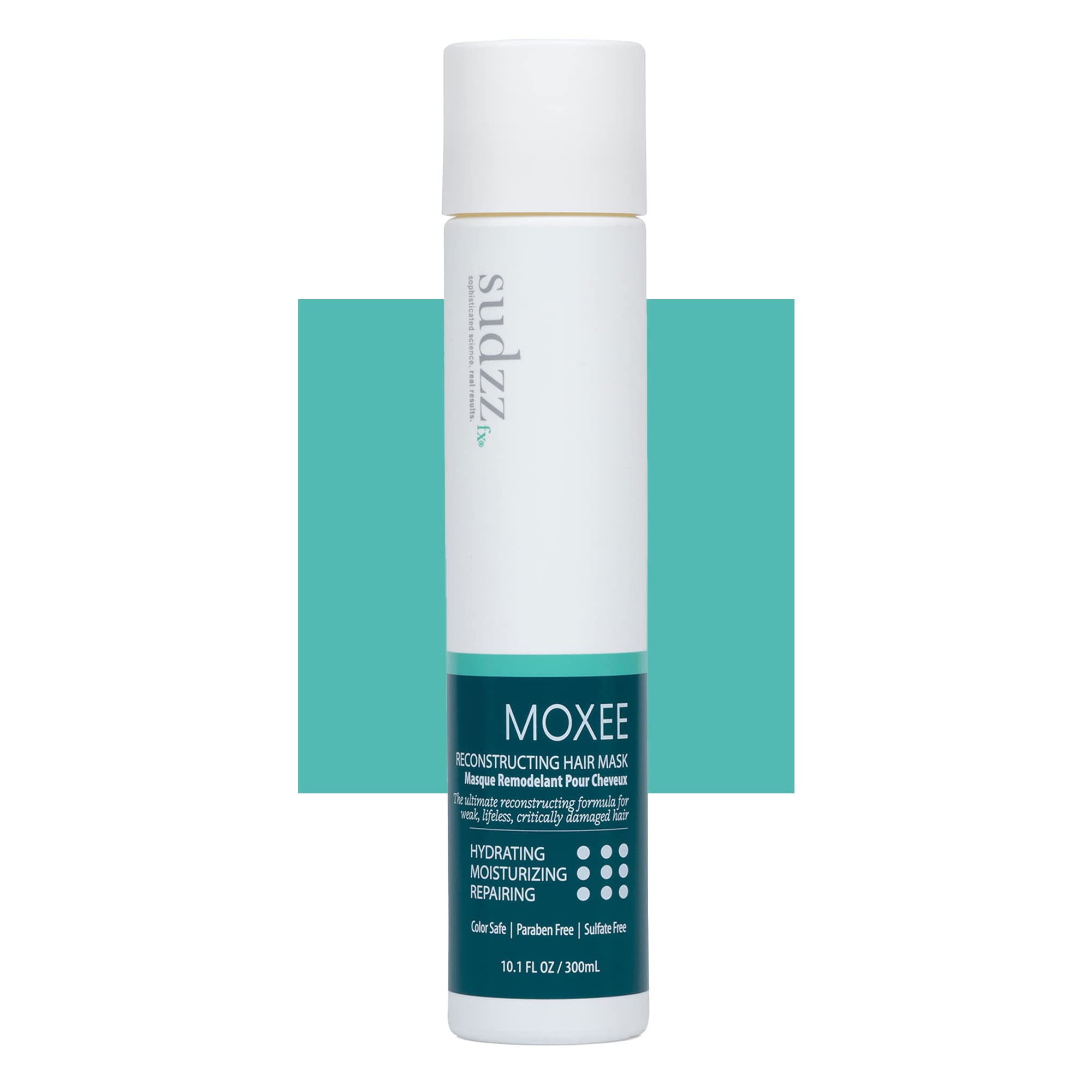 SUDZZFX MOXEE Reconstruction Hair Mask bottle delivering deep conditioning for damaged hair