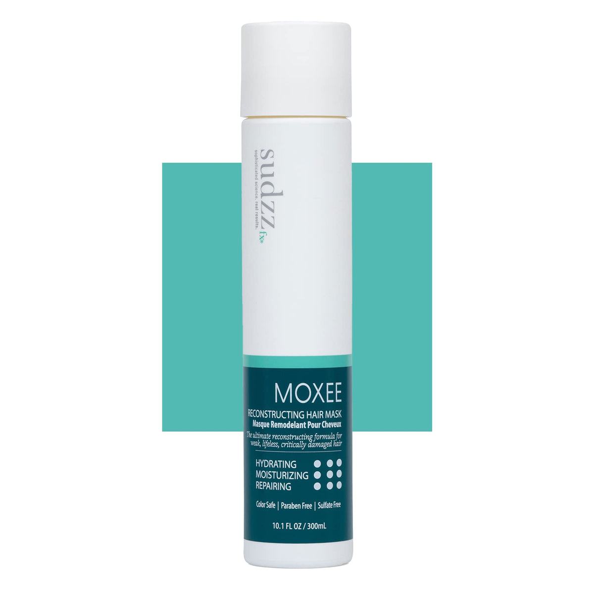 SUDZZFX MOXEE Reconstruction Hair Mask bottle delivering deep conditioning for damaged hair