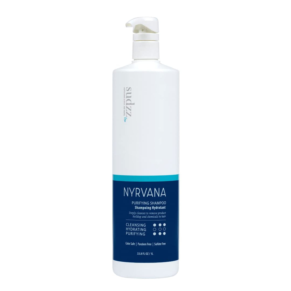 SUDZZFX Nyrvana Purifying bottle demonstrates sulfate-free cleansing for color-treated hair.