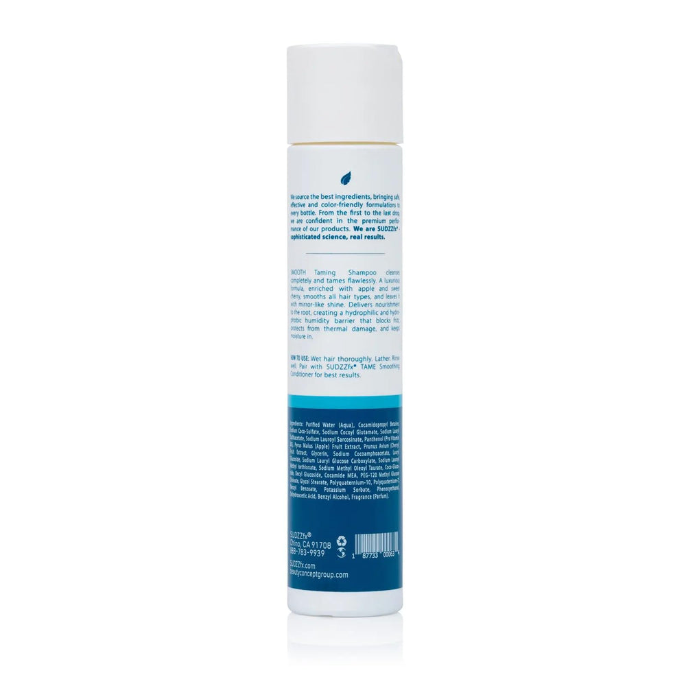SUDZZFX Smooth Taming Shampoo bottle closeup with label and color-safe formula