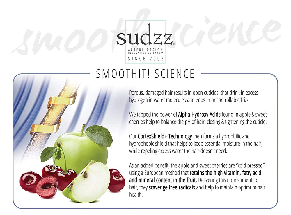SUDZZFX Smooth Taming Shampoo frizz-control shot highlighting humidity resistance