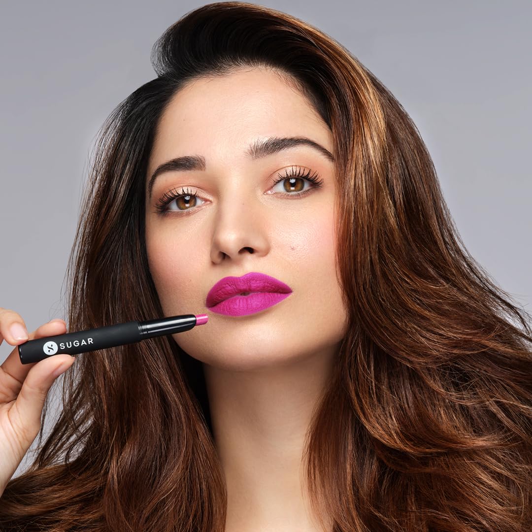 SUGAR Matte Attack Tan Halen on lips for a bold brown look