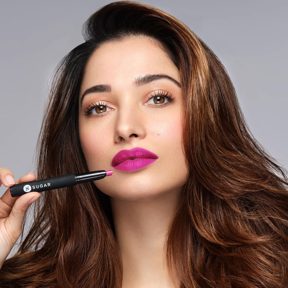 SUGAR Matte Attack Tan Halen on lips for a bold brown look