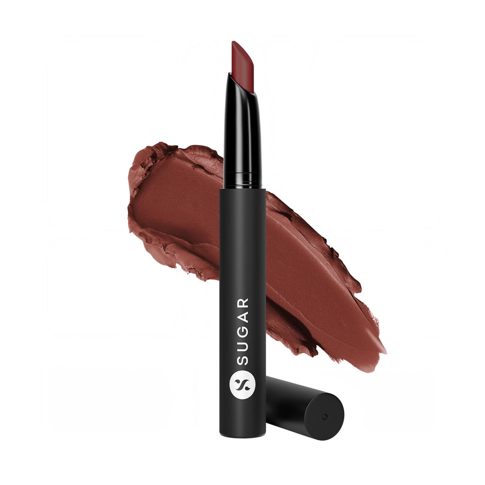 SUGAR Matte Attack Tan Halen lipstick tube close-up with rich chocolate brown shade