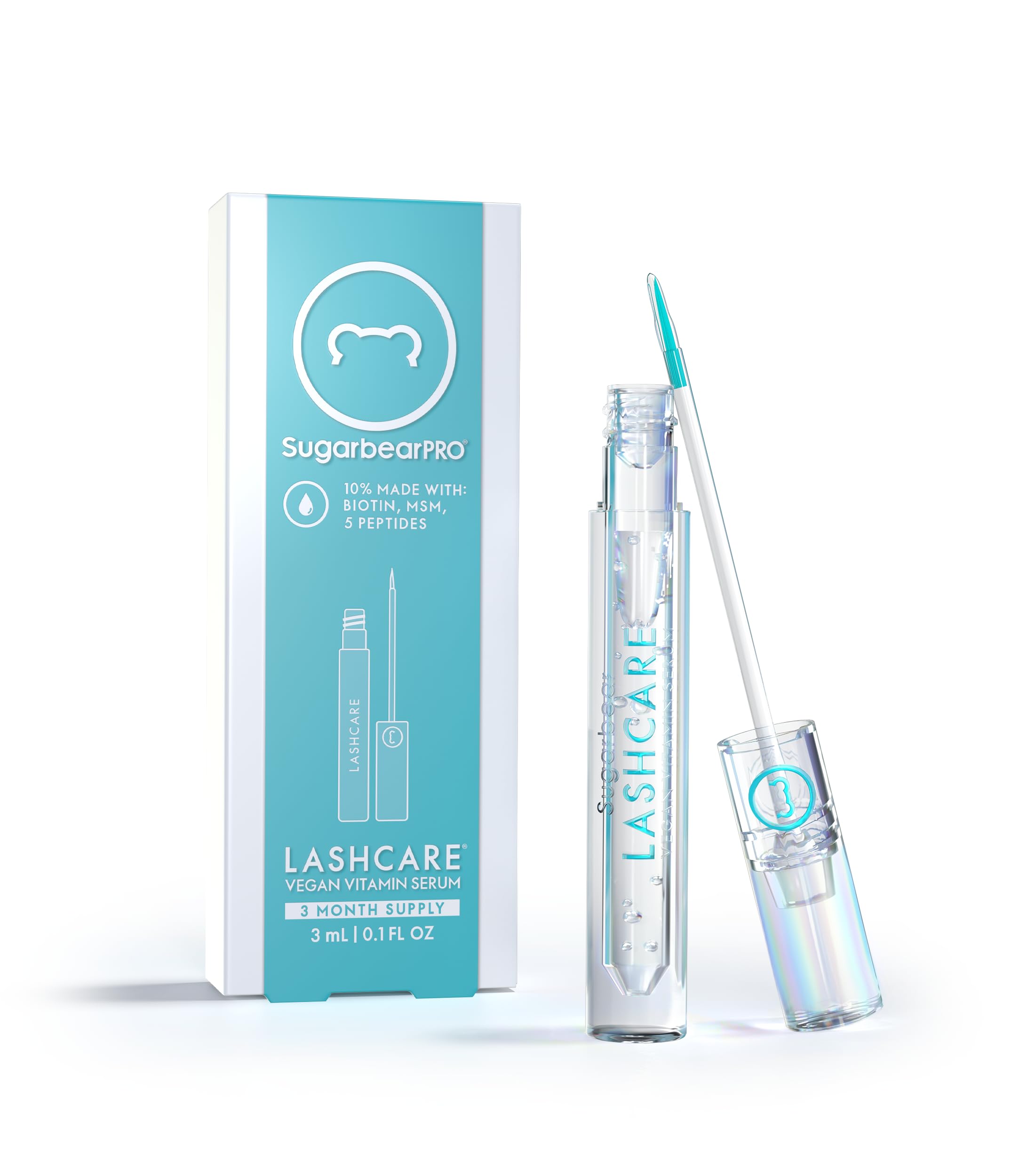 SugarBearHair SugarBearPRO lashcare serum bottle highlighting vegan, nourishing formula for lashes