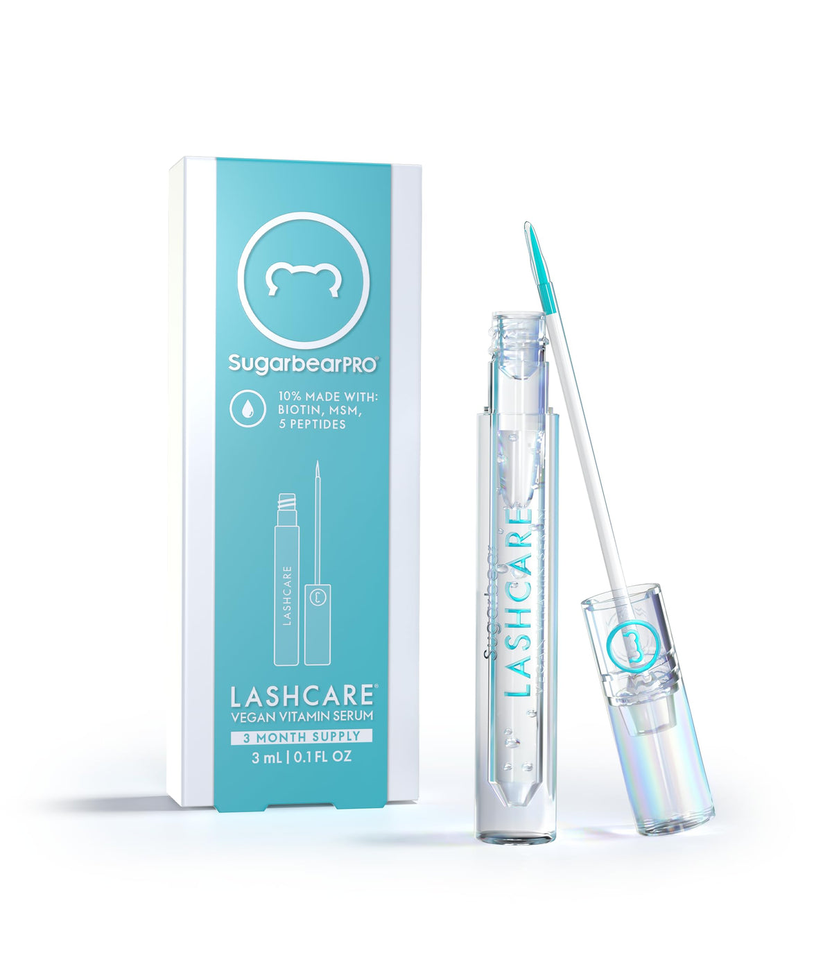 SugarBearHair SugarBearPRO lashcare serum bottle highlighting vegan, nourishing formula for lashes
