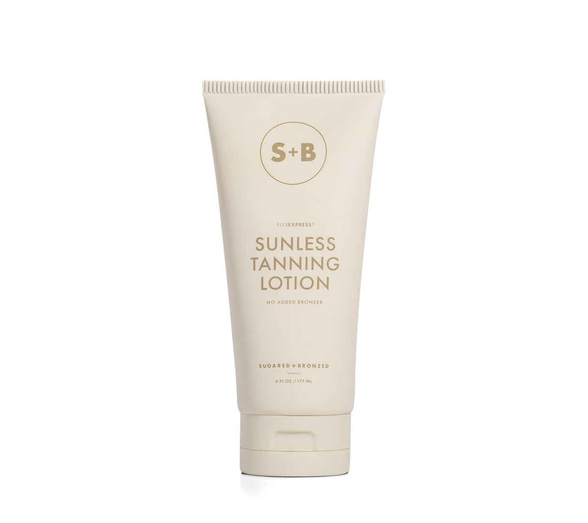 SUGARED + BRONZED sunless lotion bottle showing an even, natural-looking tan