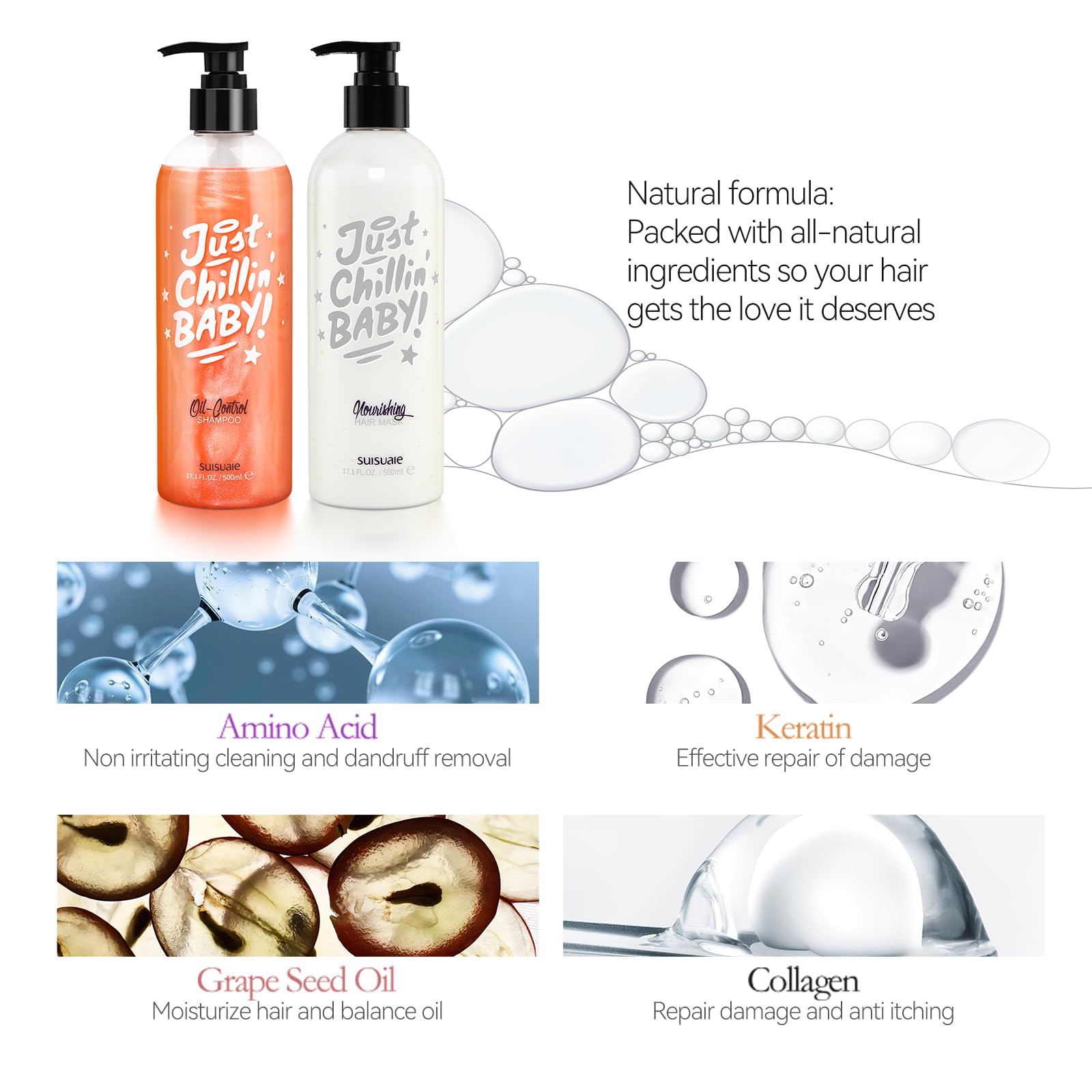 Suisuaie shampoo and conditioner packaging together highlighting clarifying and conditioning benefits.